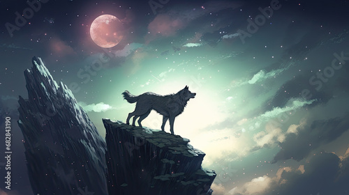  wolf standing on top of a mountain against the night sky, digital art style, illustration painting, silhouette wolf © Planetz