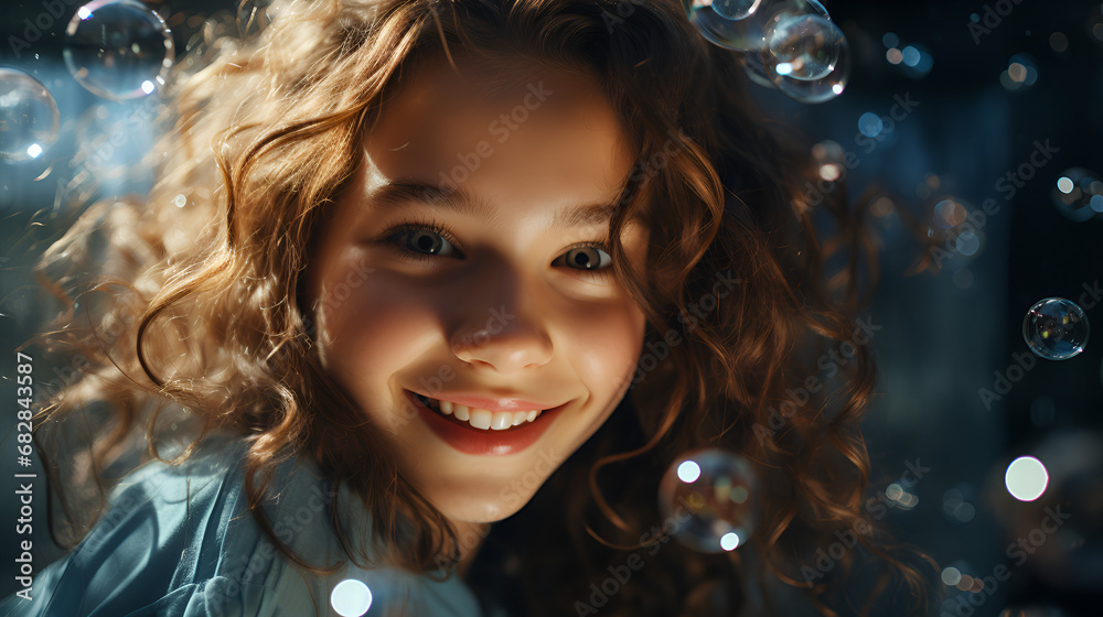 Portrait of a young girl, around soap bubbles