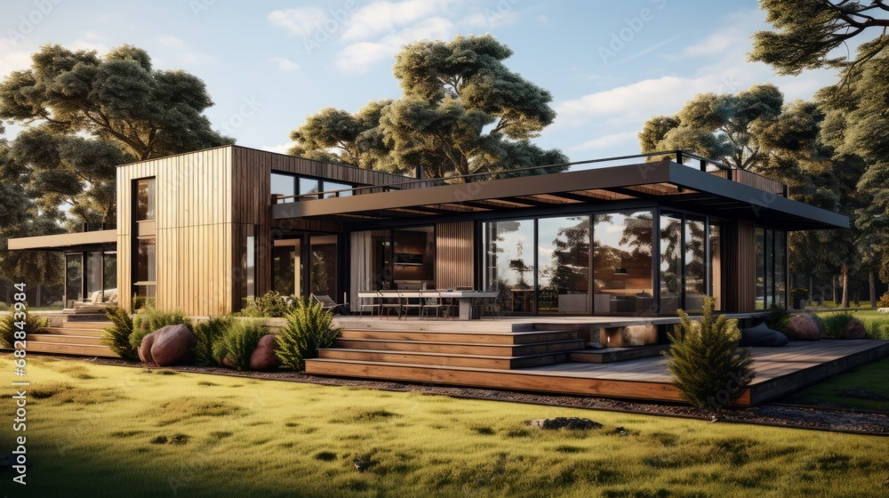 Obraz premium Modern luxury cottage in the woods. Minimalistic eco-design, wooden finishing, large panoramic windows, spacious summer terrace. A well-kept yard with neatly trimmed bushes and a green lawn.