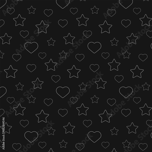 Seamless pattern with hearts stars chaotic white outline on dark background