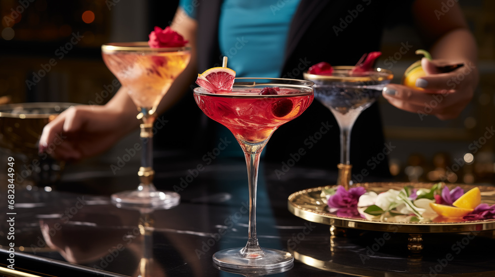 Artistic Cocktails: Feature a close-up of artisanal cocktails, beautifully crafted and surrounded by an atmosphere of elegance and refinement