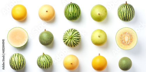 Cantaloupe arranged in an orderly manner On a white background, there is space, a beautiful view.