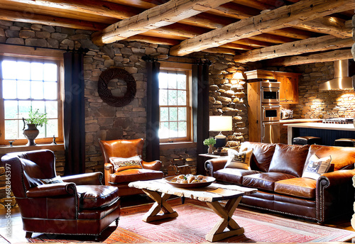 nice,living room,Rustic and charming with stone walls, exposed beams, and leather couch,Generative AI