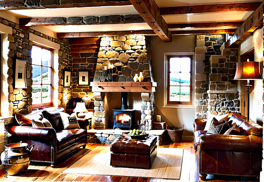 cozy,living room,Rustic and charming with stone walls, exposed beams, and leather couch,Generative AI