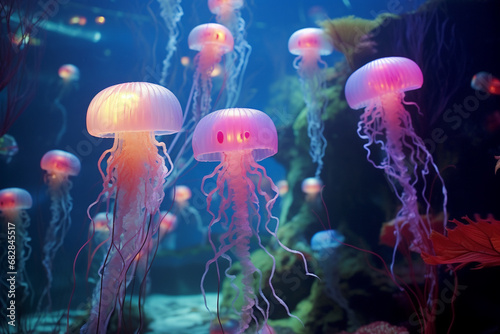 An expertly designed illustration of joyful jellyfish engaged in a musical jamboree, creating a whimsical underwater celebration. © Oleksandr