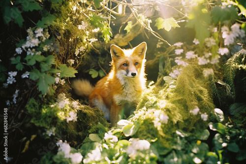 A one-of-a-kind scene featuring a fox in an enchanted forest, surrounded by magical flora and dappled sunlight.