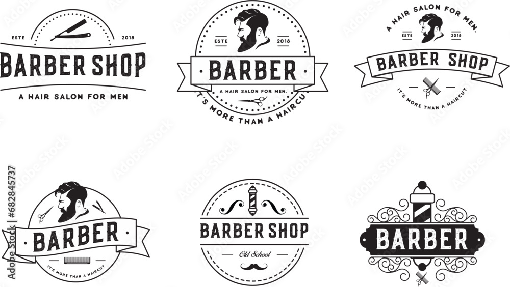 Barber logo design, vintage drawing style, hair cut salon  studio branding illustration. modern black and white style, shaving man tools.