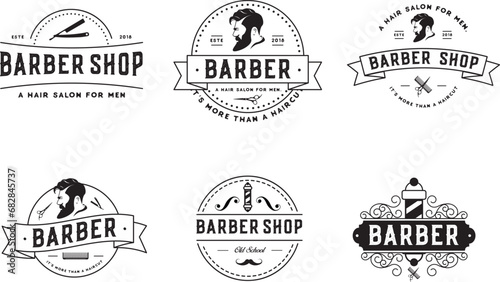 Barber logo design, vintage drawing style, hair cut salon  studio branding illustration. modern black and white style, shaving man tools.