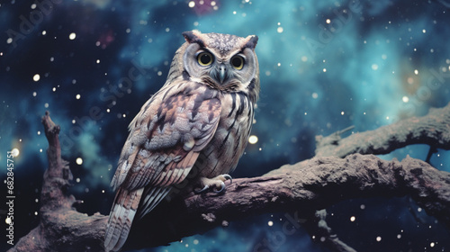An original depiction of an owl with cosmic feathers, symbolizing celestial wisdom against a backdrop of galaxies and celestial bodies.