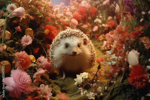 An original depiction of a hedgehog in a whimsical wonderland, exploring a fantastical garden filled with oversized flowers and surreal landscapes.
