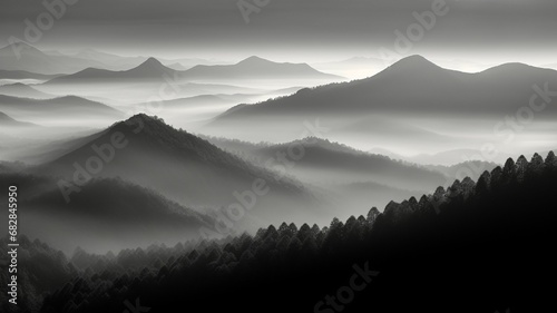 Mysterious Mountain Contours: Monochrome Landscape with Mist