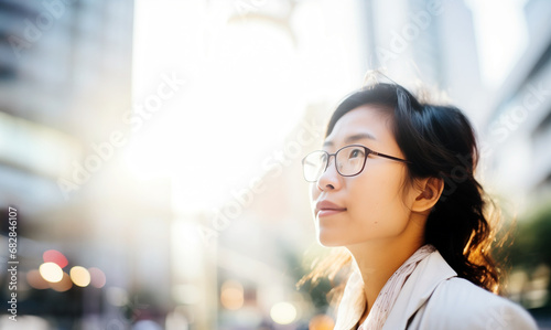 An optimistic young adult East Asian woman in smart casual attire gazes upward amid a sunlit urban backdrop, evoking a sense of aspiration and confidence