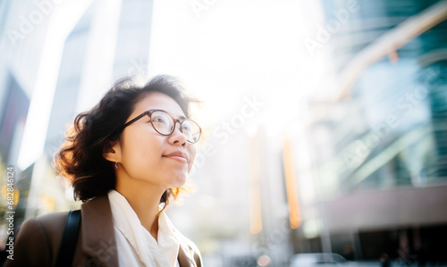 An optimistic young adult East Asian woman in smart casual attire gazes upward amid a sunlit urban backdrop, evoking a sense of aspiration and confidence