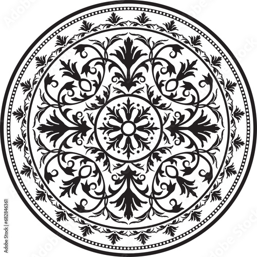 Vector round monochrome floral european national pattern. Ethnic circle ornament of Ancient Greece, Roman Empire