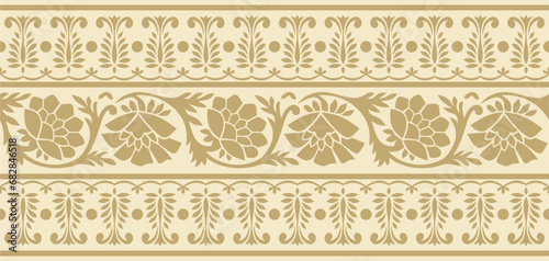Vector seamless gold indian national ornament. Ethnic endless plant border. Flowers frame. Poppies and leaves..