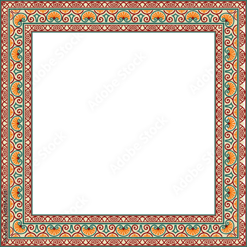 Vector colorful square classic renaissance ornament. Endless european border, revival style frame..