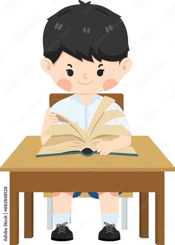 Kid boy students reading a book on table