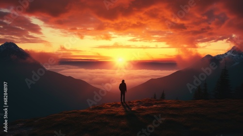 A man looks at the sunrise in the mountains