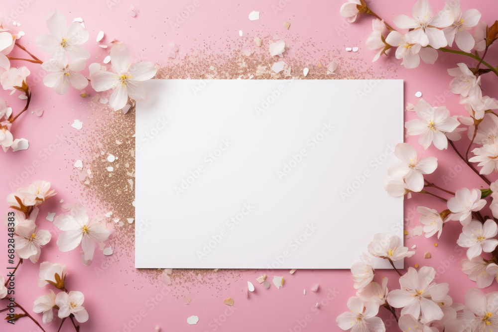 A white postcard with a flower branch and sequins lies on a pink background