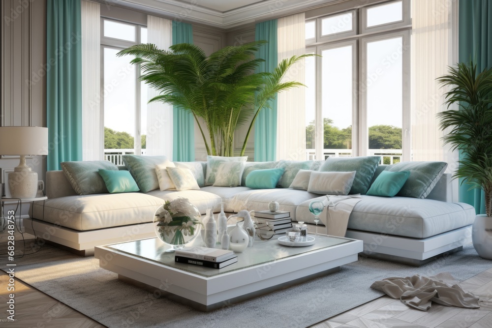 The interior of the living room is turquoise and white
