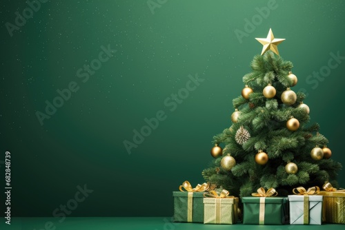 Christmas tree with gifts on a green background, greeting card