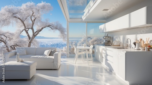 Interior of completely white modern kitchen in luxurious villa. Flat facades, kitchen island with dining area, spacious summer terrace, huge floor-to-ceiling window overlooking stunning mountain view.