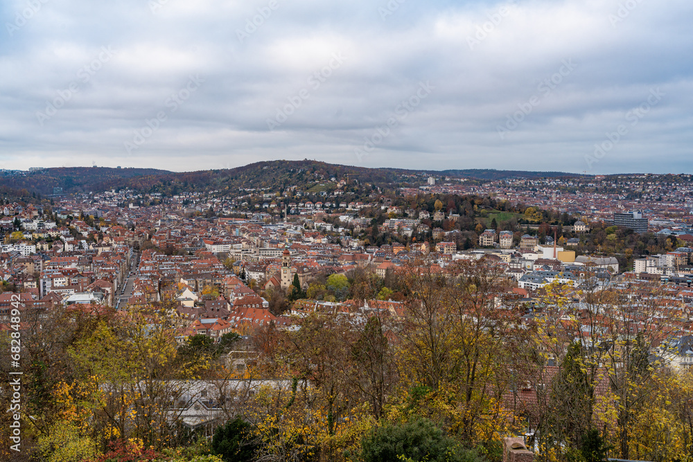Beautiful view of the city of Stuttgart, Alb, autumn view. Colorful autumn colors. Germany. Cloudy sky.