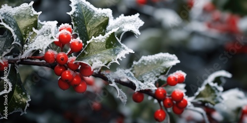 Holly bush with prickly leaves and red berries, covered with winter frost photo