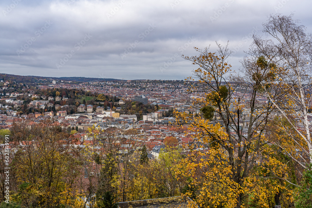 Beautiful view of the city of Stuttgart, autumn view. Colorful autumn colors.