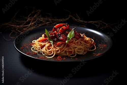 Dark plate with italian spaghetti on dark, generative ai