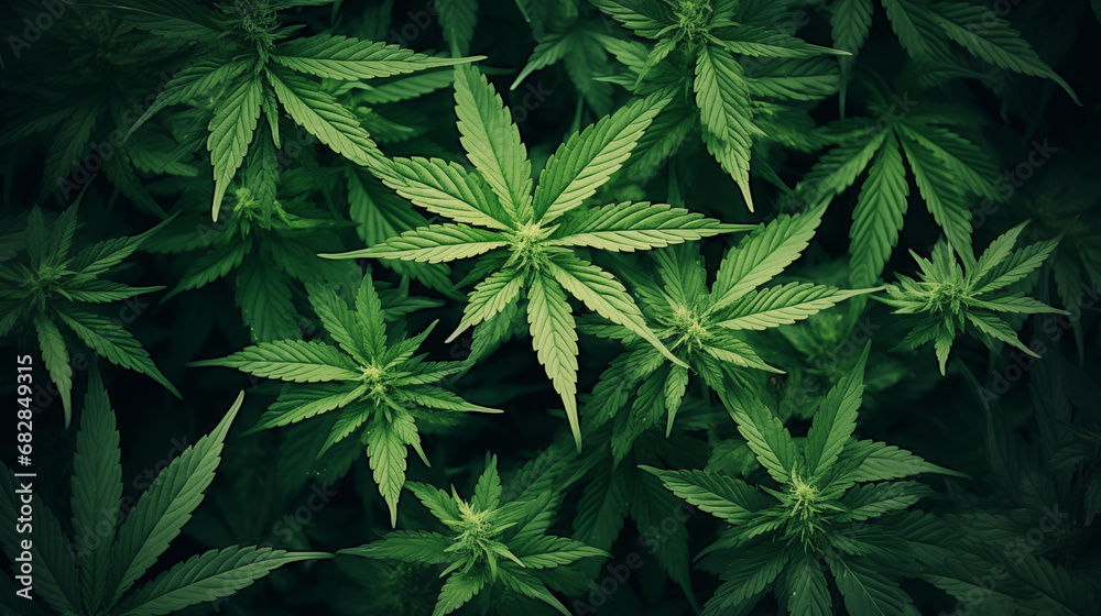 High angle view of marijuana leaves with copy space - obrazy, fototapety, plakaty 