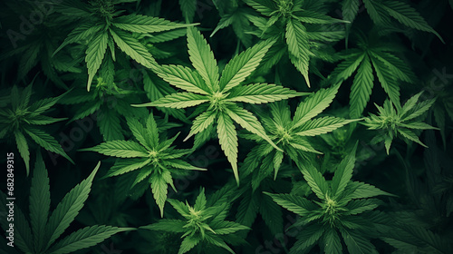 High angle view of marijuana leaves with copy space photo