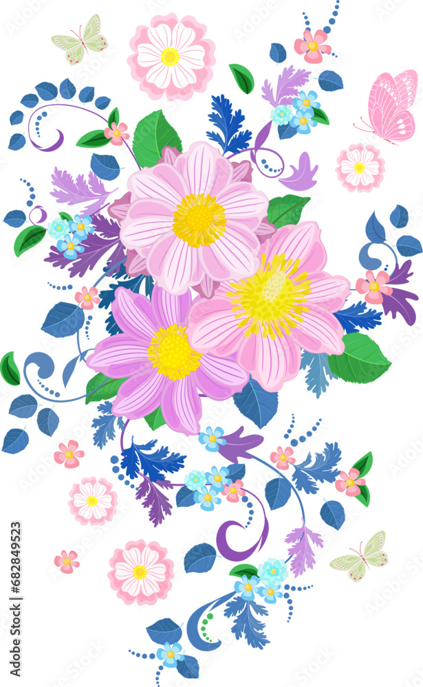 floral swirl pattern with blue leafy twigs and pink flowers surr