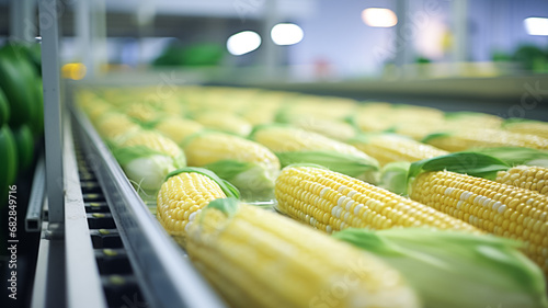 Clean and fresh clean corn cobs on a conveyor belt in a fruit and vegetables packaging warehouse, on an automated conveyor belt.

 photo