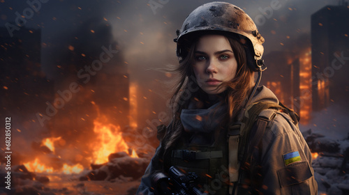 Portrait of a female soldier with a background of fire and ruins © Magic Kiddo
