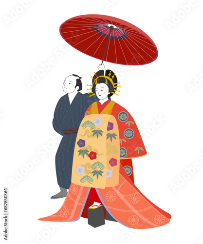 花魁道中　花魁と傘持ち