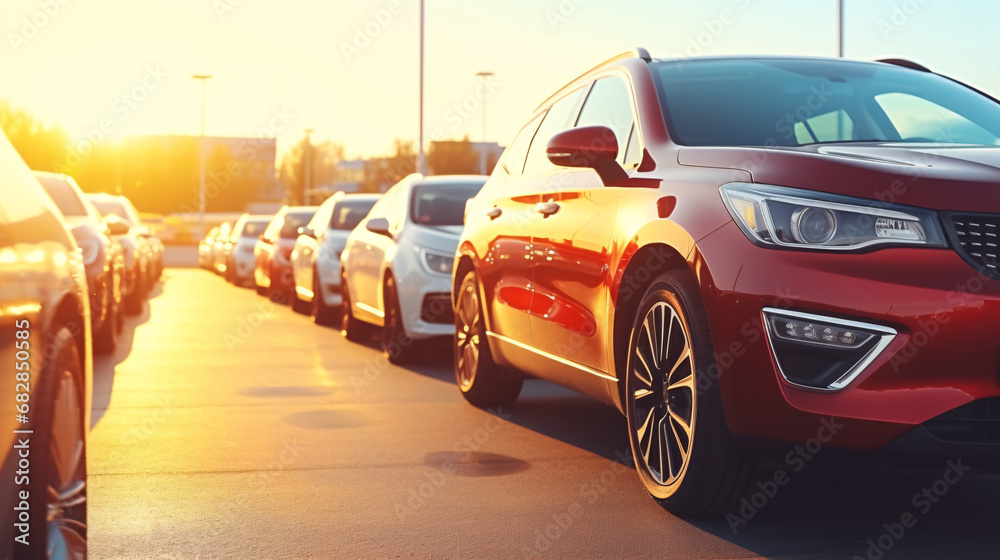 Car parked at outdoor parking lot. Used car for sale and rental service. Car insurance background. Automobile parking area. Car dealership and dealer agent concept. Automotive industry.  - obrazy, fototapety, plakaty 