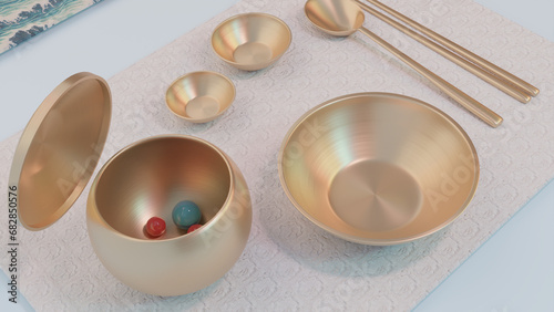 Korean traditional plating set - spoon, chopsticks, Gong-gi including marbles and some plates made with Yugi photo