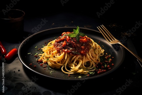 Dark plate with italian spaghetti on dark  generative ai