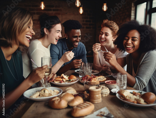 A group of friends with diverse ethnicities laughing and enjoying a meal together