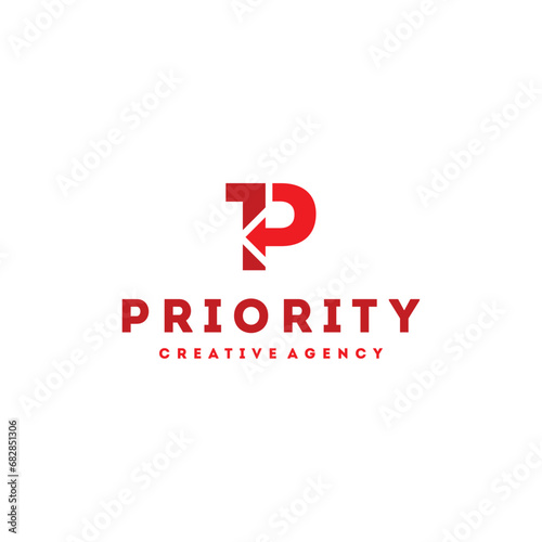 P Logo. Priority Logo P Letter Arrow and Number One. Creative Business Logotype Template in Red Color