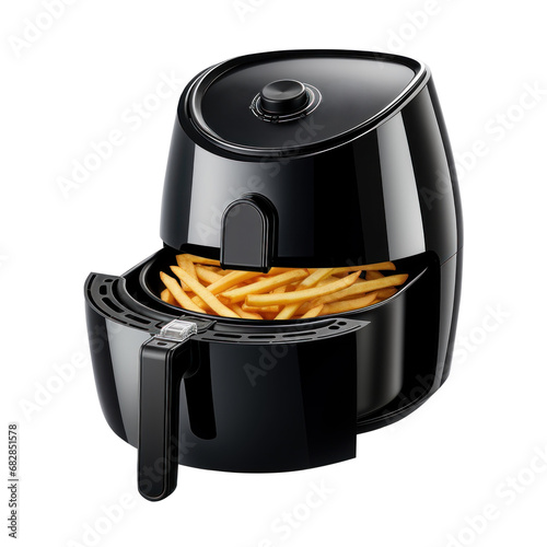 Black Air fryer cooking machine with french isolated on white photo