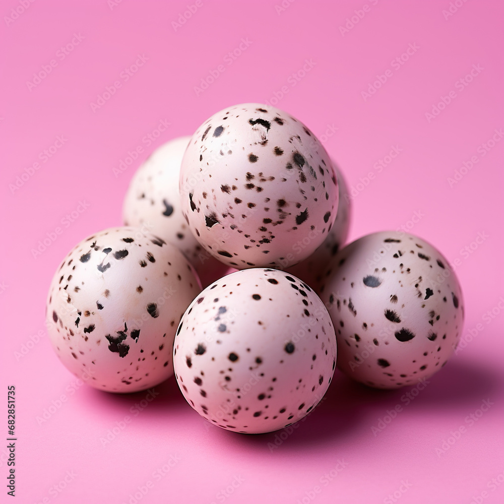 Quail eggs on a pink background. Generative AI