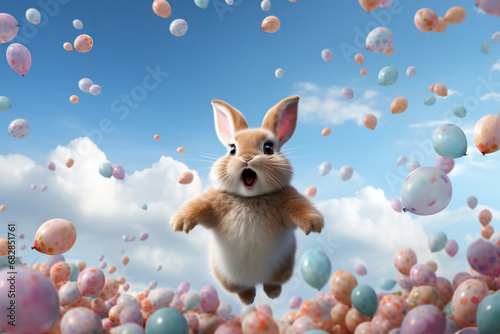 Easter bunny jumping in the sky surrounded by balloons. Generative AI