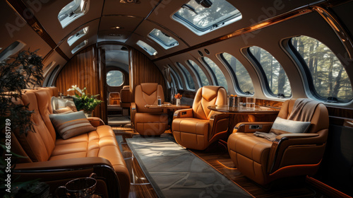 luxury interior in the modern business jet and sunlight at the window/sky and clouds through the porthole.