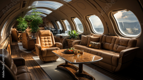 luxury interior in the modern business jet and sunlight at the window sky and clouds through the porthole.
