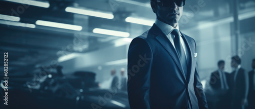 Secret service security bodyguard agent man in silhouette on dark background. photo