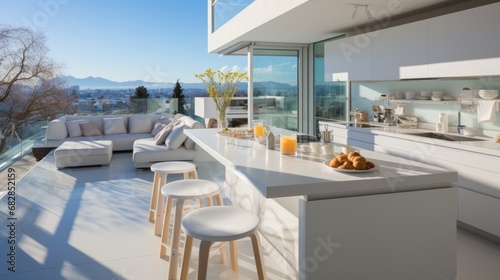 Interior of completely white modern kitchen in luxurious villa. Flat facades, kitchen island with dining area, spacious summer terrace, huge floor-to-ceiling window overlooking stunning mountain view.