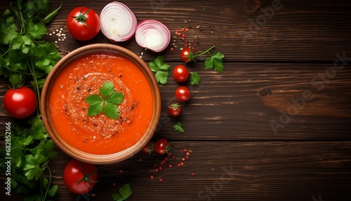 Traditional spanish gazpacho soup in bowl with ingredients on wooden table, Spanish cuisine food photo