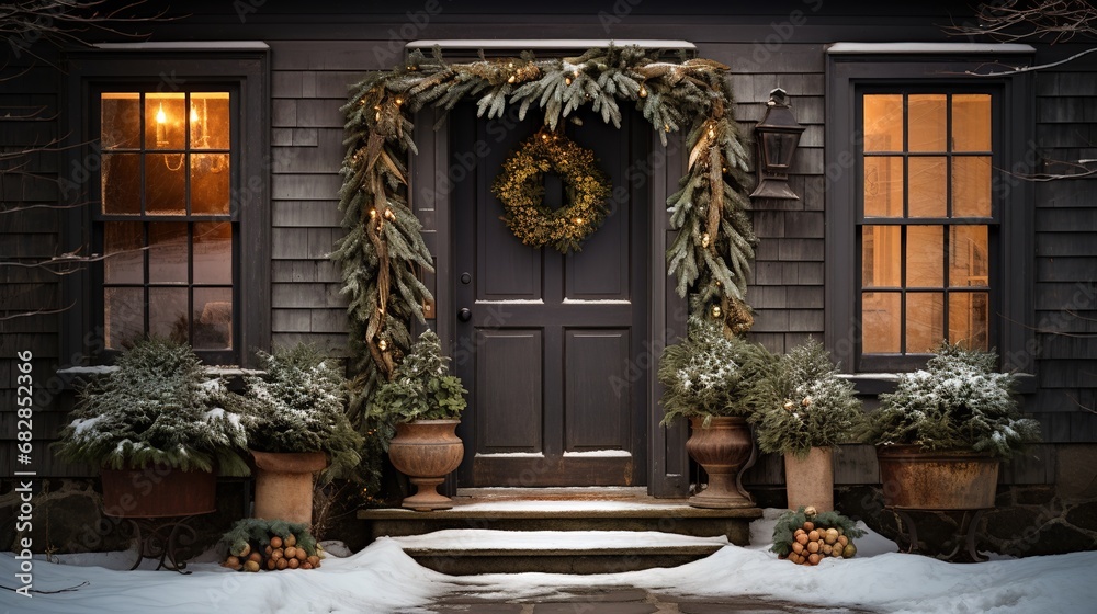 Generative AI, Front door with Christmas decoration, wreath and garland, muted colors, cottage rustic doorway 	
 - obrazy, fototapety, plakaty 